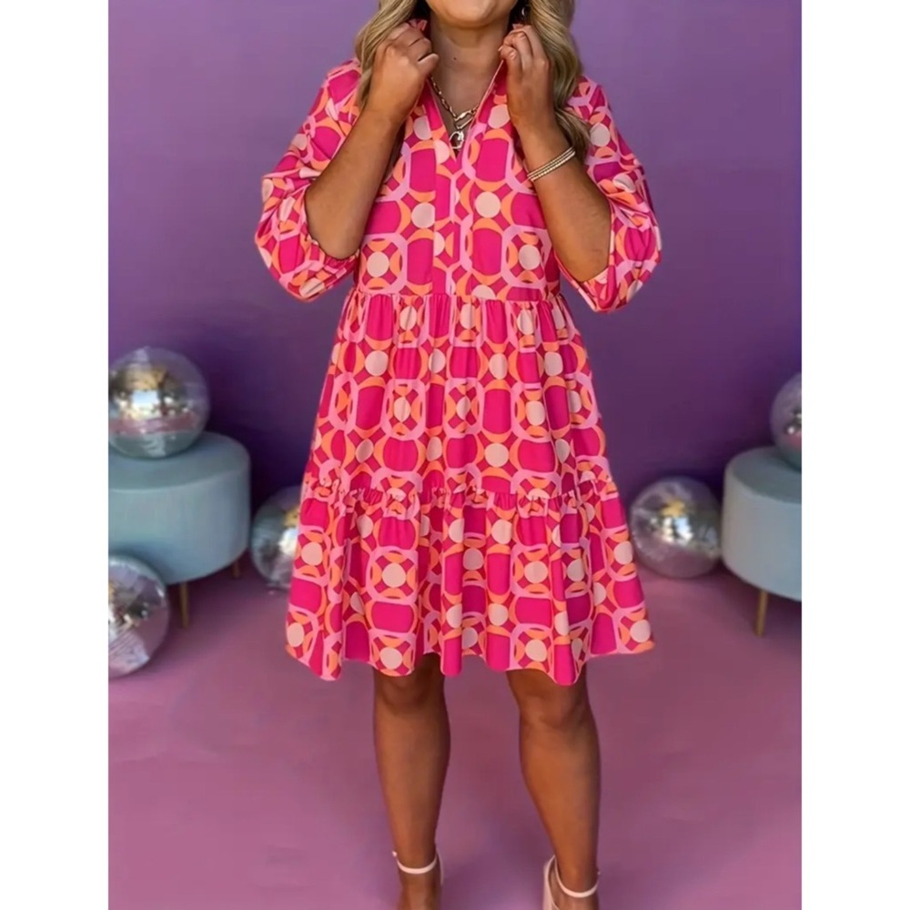 NEW! Watermelon Color Floral V Neck Ruffled Knee Length Flowy Dress! - Picture 4 of 6